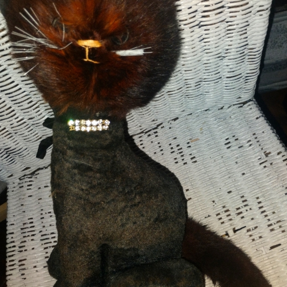 1950s Plushie Rare Luxury Black and Brown Cat Plush with Rhinestone Collar